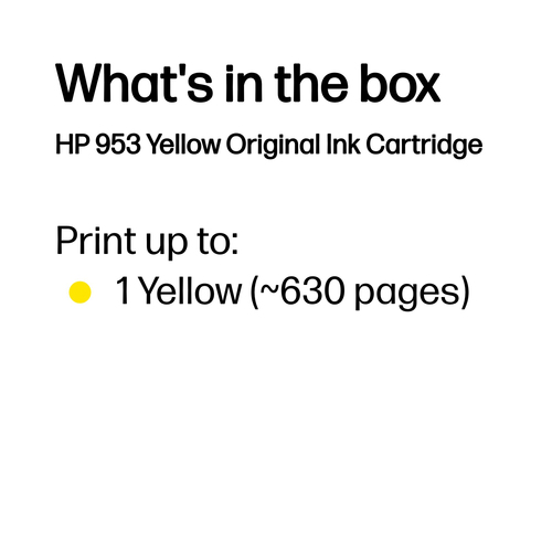 HP 953 Yellow Original Ink Cartridge. Colour ink type: Pigment-based ink, Cartridge capacity: Standard, Supply type: Singl