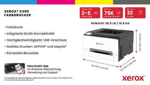 Xerox C300. Drucktechnologie: Laser, Farbe. Zahl der Druckpatronen: 2, Maximale monatliche Auslastung: 75000 Seiten pro Mo