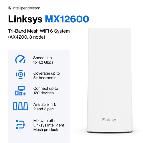 Linksys Velop MX12600 Wi-Fi 6 IEEE 802.11ax Ethernet Wireless Router - 2.40 GHz ISM Band - 5 GHz UNII Band - 525 MB/s Wire