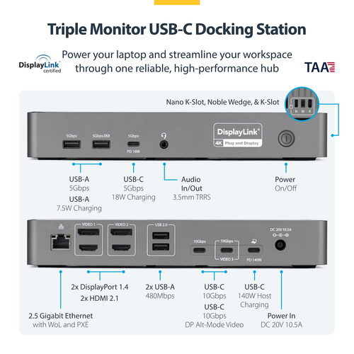 StarTech.com USB 3.2 (Gen 2) Type C Docking Station for Notebook, Workstation - Charging Capability - Space Gray - Desktop