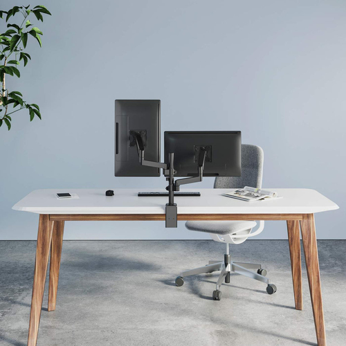 Manhattan Dual Desk Mount for TV & Monitors (Full Motion Gas Spring), For screens 10"" to 27"", Clamp or Grommet Assembly,