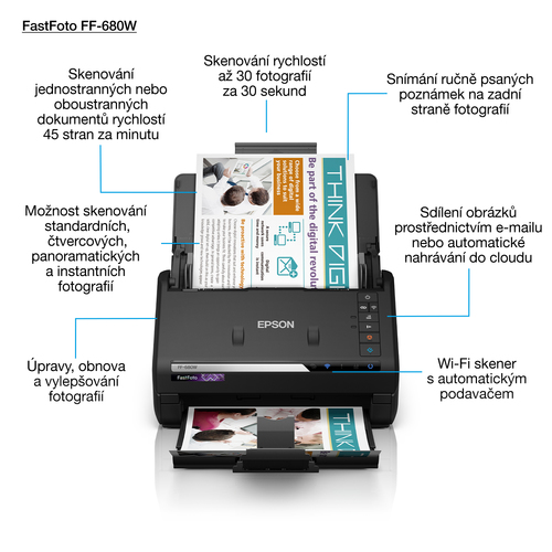Epson FastFoto FF-680W. Maximum scan size: 216 x 910 mm, Optical scanning resolution: 600 x 600 DPI, Input colour depth: 3