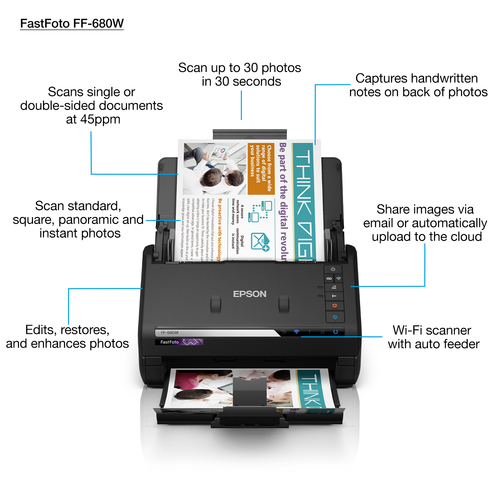 Epson FastFoto FF-680W. Maximum scan size: 216 x 910 mm, Optical scanning resolution: 600 x 600 DPI, Input colour depth: 3