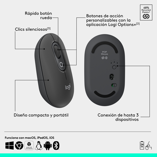 Logitech POP Mouse Mouse - Bluetooth - Optical - 4 Button(s) - Graphite - Wireless - 10 m - 4000 dpi - Scroll Wheel - 1 x 