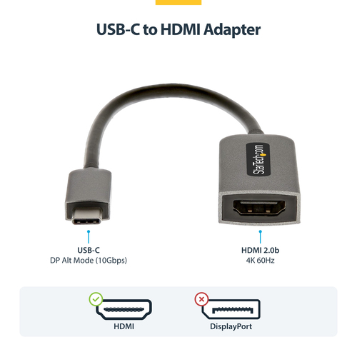 StarTech.com USB-C to HDMI Adapter, 4K 60Hz Video, HDR10, USB-C to HDMI Monitor Dongle, USB4 / Thunderbolt Compatible - Co