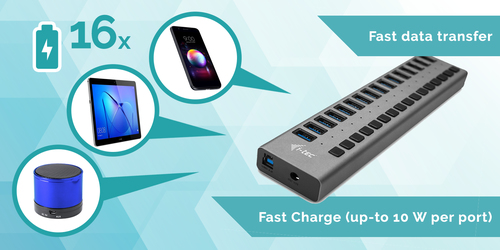 i-tec USB 3.0 Charging HUB 16port + Power Adapter 90 W. Charger type: Indoor, Power source type: AC, Charger compatibility