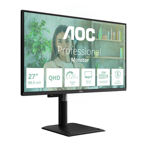 AOC Q27P4U. Display diagonal: 68.6 cm (27"), Display resolution: 2560 x 1440 pixels, HD type: Wide Quad HD, Response time: