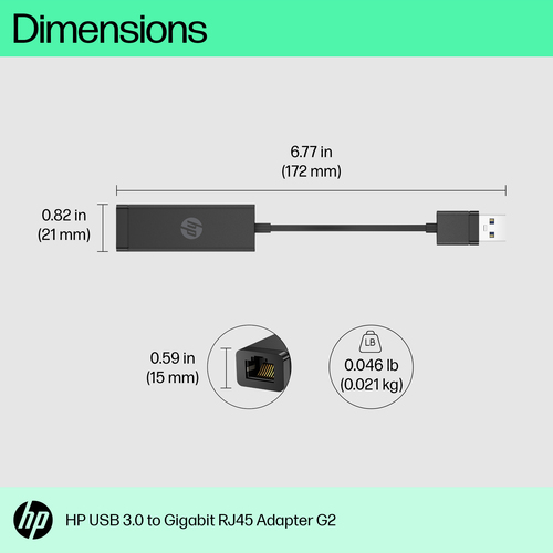 HP USB 3.0 to Gigabit RJ45 Adapter G2. Connectivity technology: Wired, Host interface: USB, Interface: Ethernet. Product c
