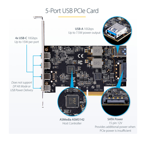StarTech.com 5-Port USB PCIe Card, USB 3.2 10Gbps, PCI Express Card with 4x USB-C Ports, 1x USB-A Internal Port - Upgrade 