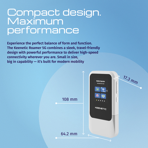 Keenetic Roamer 5G (KN-5210). Device type: Cellular network modem, Product colour: Black, Grey. Wi-Fi standards: 802.11a, 