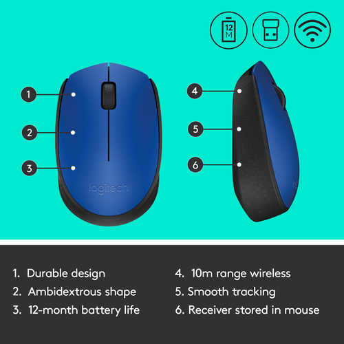 Logitech M171 Mouse - Radio Frequency - USB 2.0 - Optical - Blue - Wireless - 1000 dpi - Scroll Wheel
