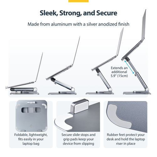 StarTech.com Height Adjustable Notebook Stand - 4.99 kg Load Capacity - 7.9 cm Height x 23.1 cm Width - Desk, Desktop - Si