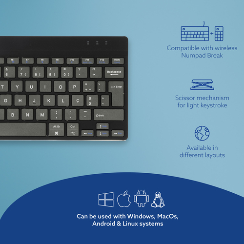R-Go Compact Break Teclado - Compacto - Sem fios Conectividade - USB Tipo C Interface - Português - QWERTY Layout - Preto 