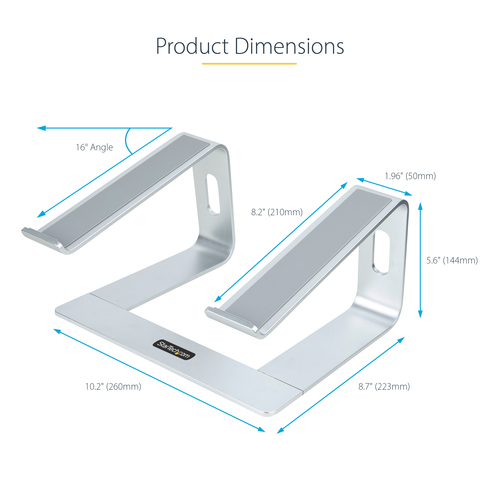 StarTech.com Laptop Stand for Desk, Supports 5kg / 11lb, Aluminum, Silver, Ergonomic Laptop Riser, Portable Laptop Holder 