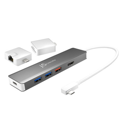 j5create JCD375 6 Port(s) USB Type C Docking Station for Notebook, MacBook - Charging Capability - Silver, White - 1 Displ