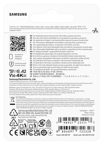 Carte microSDXC Samsung MB-MB1T0T - 1 To - Classe 10/UHS-I (U3) - V30 - 170 Mo/s en Lecture