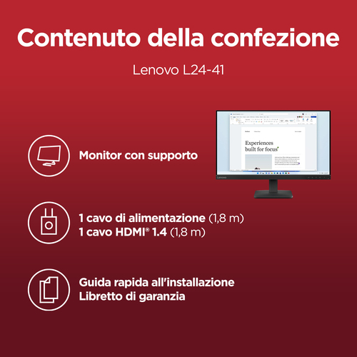 Lenovo L24-4e Monitor SCATOLA APERTA E DANNEGGIATA Dimensioni diagonale schermo: 60,5 cm (23.8"), Risoluzione del display: