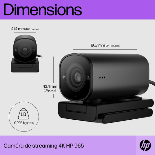 HP 965 4K Streaming Webcam. Megapixel (approx.): 8 MP, Maximum video resolution: 3840 x 2160 pixels, Camera HD type: Full 