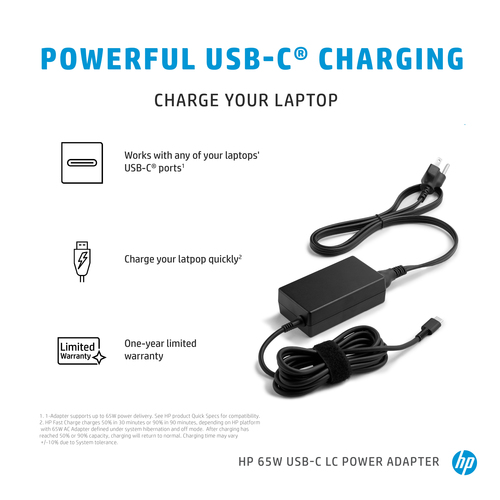 HP 65W USB-C LC Power Adapter. Purpose: Laptop, Power supply type: Indoor, Output power: 65 W. Product colour: Black. Comp