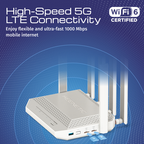 Keenetic Hero 5G (KN-4110) AX3000 Mesh Wi-Fi 6 5G Modem Router with 2 SIM Slots, a 1×2.5G and 4×1G Smart Switch, Multifunc
