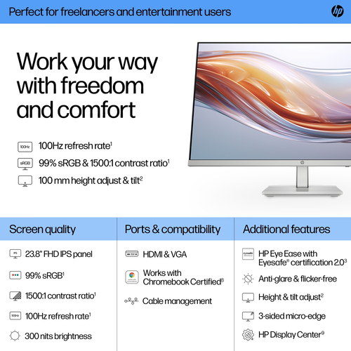 HP Series 5 23.8 inch FHD Height Adjust Monitor - 524sh. Display diagonal: 60.5 cm (23.8"), Display resolution: 1920 x 108