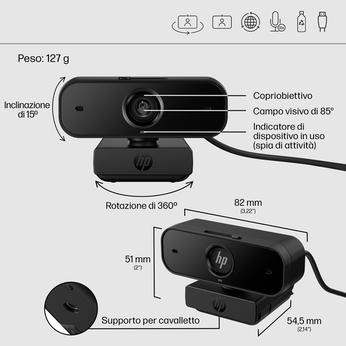 Webcam HP 435 - 2 Megapixel - 60 fps - Nero - USB 2.0 tipo A - Full HD - 1920 x 1080 Video - Auto focus - 85° Angle - Mont