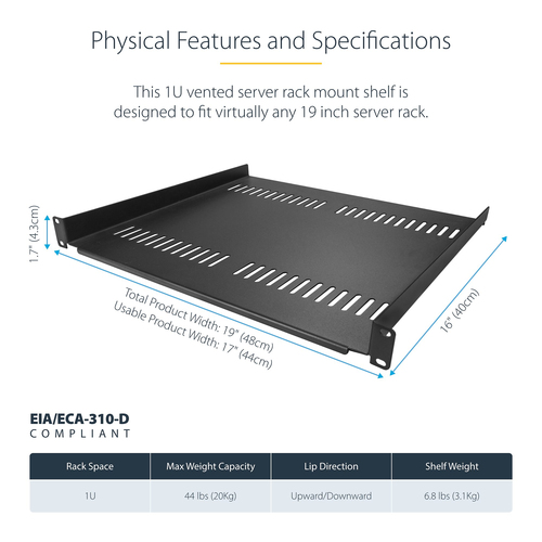 StarTech.com 1U Rack-mountable Rack Shelf for Rack, Networking - Black - SPCC, Steel - 19.96 kg Maximum Weight Capacity