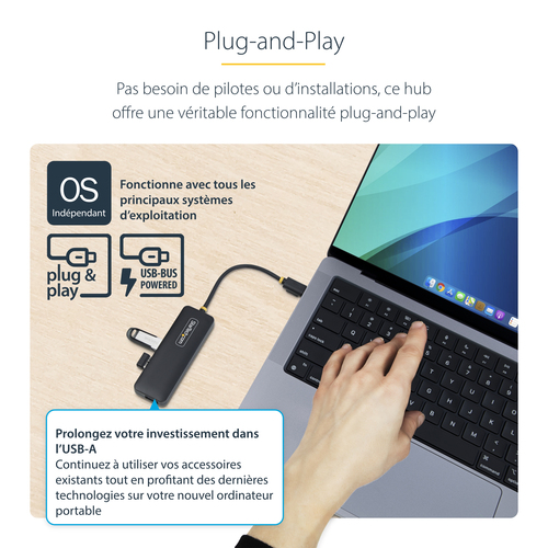StarTech.com Hub USB-C 4 Ports, 5Gbps, USB-C vers 4x USB-A, Alimenté par Bus, Mini Hub de Voyage, Splitter USB 3.0 Multipo