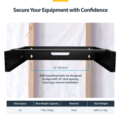 StarTech.com 2U Wall Mount Rack, 14in Deep, 19 inch Wall Mount Network Rack, Wall Mounting Patch Panel Bracket for Switch/