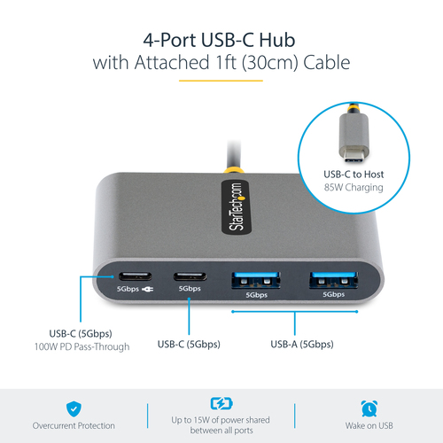 StarTech.com USB Hub - USB 3.2 (Gen 1) Type C - Portable - Space Gray - UASP Support - 4 Total USB Port(s) - PC, iPadOS