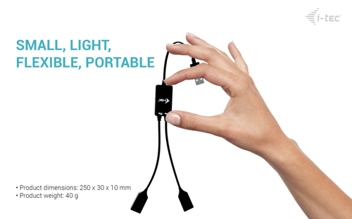 i-tec USB-A Cable HUB 2 port (2x USB-A). Kabellänge: 0,1 m. Anschluss 1: USB A, Anschluss 2: 2 x USB A, USB Version: USB 3