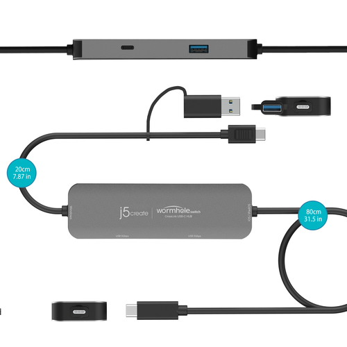 j5create Wormhole Switch JCH422-N Hub USB - USB Tipo C, USB tipo A - 640 MB/s - Tablet, Smartphone, Rato, Teclado, Unidade