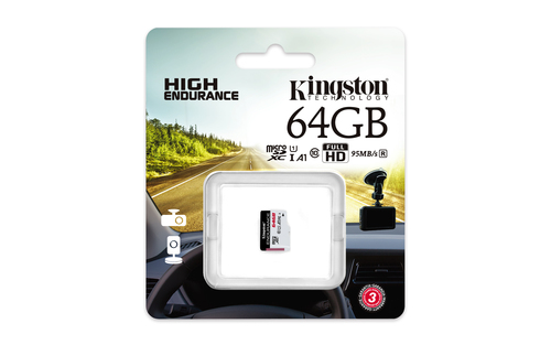 Kingston Technology High Endurance. Capacity: 64 GB, Flash card type: MicroSD, Flash memory class: Class 10, Internal memo
