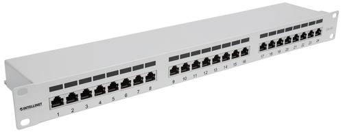 Intellinet Patch Panel, Cat6a, FTP, 24-Port, 1U, Shielded, 90° Top-Entry Punch Down Blocks, Grey. Networking standards: IE
