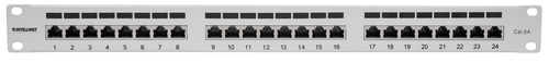 Intellinet Patch Panel, Cat6a, FTP, 24-Port, 1U, Shielded, 90° Top-Entry Punch Down Blocks, Grey. Networking standards: IE