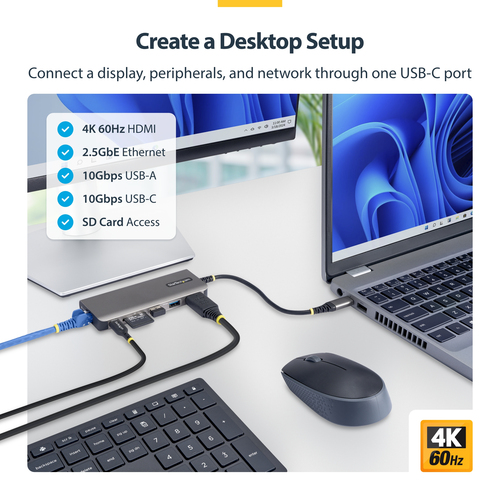 StarTech.com USB-C auf HDMI Multiport Adapter mit 140W PD Leistung, 4K60Hz, 3-Port USB 10Gbps Hub, 2.5GbE, SD Slot, Mini-D