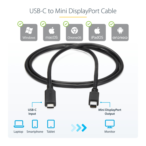 StarTech.com 1 m / 3.3 ft. USB-C to Mini DisplayPort Cable - 4K 60Hz - Black - USB 3.1 Type-C to Mini DP Adapter Cable - m