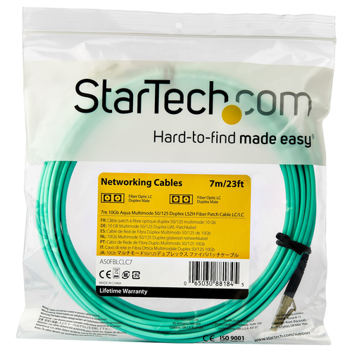 StarTech.com 7m (22ft) LC/UPC to LC/UPC OM3 Multimode Fiber Optic Cable, Full Duplex 50/125 Zipcord, 100G, LSZH Fiber Jump