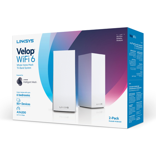 Linksys Velop Whole Home Intelligent Mesh WiFi 6 (AX4200) System, Tri-Band, 2-pack. Product colour: White, Antenna type: I