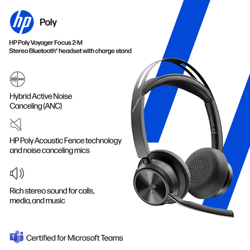 HP Poly Voyager Focus 2 Microsoft Teams Certified USB-C-C Headset +USB-C/A Adapter +Charging Stand. Product type: Headset.