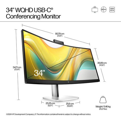 HP 534pm 34" Class Webcam UW-QHD Curved Screen LED Monitor - 21:9 - Jet Black - 86.4 cm (34") Viewable - Vertical Alignmen