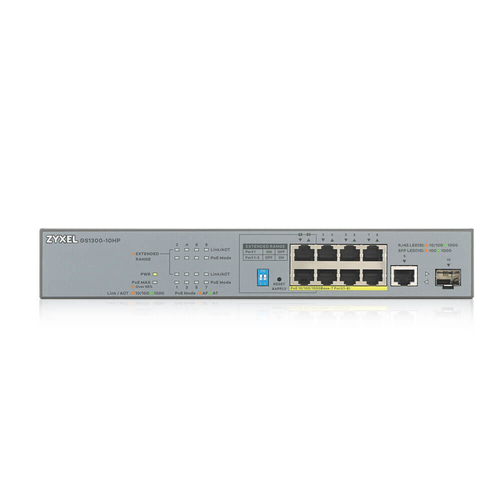 ZYXEL GS1300 GS1300-10HP 8 Ports Ethernet Switch - 2 Layer Supported - Modular - 1 SFP Slots - Twisted Pair, Optical Fiber