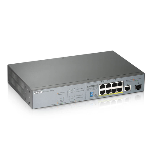 ZYXEL GS1300 GS1300-10HP 8 Ports Ethernet Switch - 2 Layer Supported - Modular - 1 SFP Slots - Twisted Pair, Optical Fiber
