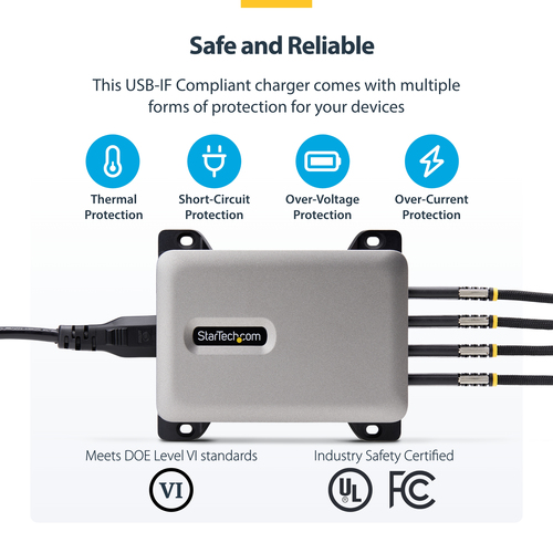 StarTech.com 4-Port Multi-Device USB-C Charger, 240W Total, Single Port 140W EPR, Screw Locking Ports, Ideal for Boardroom