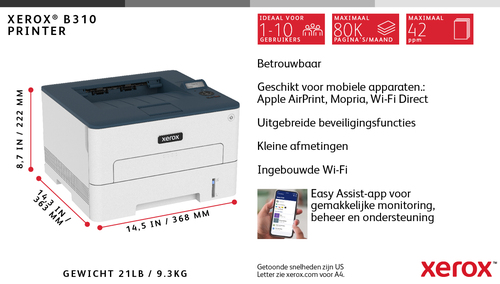 Xerox B310 A4 40ppm Wireless Duplex Printer PS3 PCL5e/6 2 Trays Total 350 Sheets. Print technology: Laser. Number of print