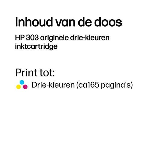 HP 303 Tri-color Original Ink Cartridge. Colour ink page yield: 165 pages, Printing colours: Cyan, Magenta, Yellow, Quanti