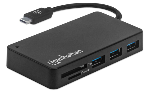 Manhattan USB-C Dock/Hub with Card Reader, Ports (x3): USB-A (x3), 5 Gbps (USB 3.2 Gen1 aka USB 3.0), External Power Suppl
