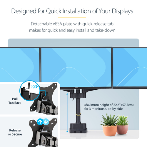 StarTech.com Triple Monitor Desk Mount For Up To Three 27in Screens, VESA 75x75/100x100, Tool-Less Arm Adjustments, C-Clam