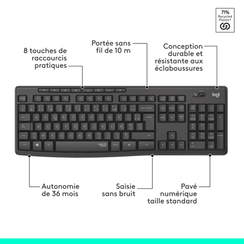 Logitech MK295 Silent. Facteur de forme du clavier: Taille réelle (100 %). Style de clavier: Droit. Technologie de connect
