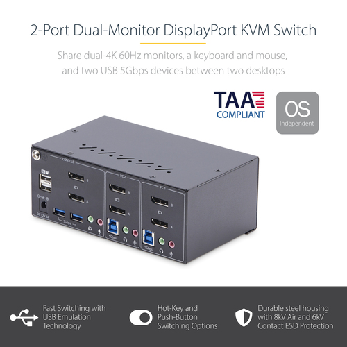 StarTech.com P2DD46A2-KVM-SWITCH. Tastatur Porttyp: USB, Maus-Porttyp: USB, Video Porttyp: DisplayPort. HD type: 4K Ultra 